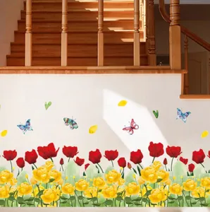 Pastoral PVC Waterproof Self-Adhesive Skirting Line Wall Sticker Floral Grass Butterfly Fence Home Decor Wall Art Decal
