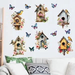 Wall stickers featuring vintage birdhouses and colorful butterflies on white wall