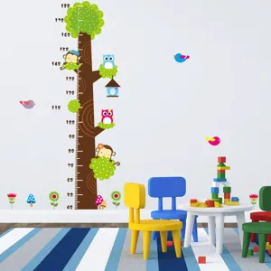Colorful cartoon owl and monkey tree height chart wall sticker for kids nursery decor