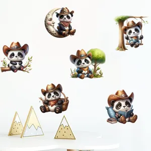 Detailed display of a set of cute cowboy panda wall stickers for nursery room decor