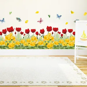 Decorative floral baseboard wall sticker featuring vibrant red tulips and yellow roses.