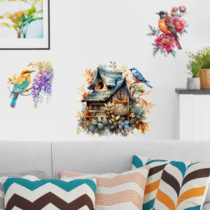 Vivid watercolor bird and birdhouse wall stickers displayed in a cozy living room scene.