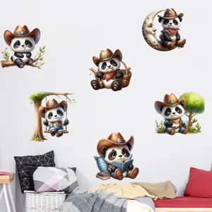Cute cowboy panda wall stickers shown in a cozy bedroom scene on white wall.