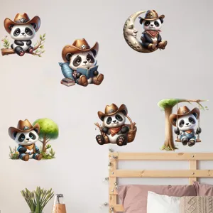 Cute cowboy panda wall stickers set applied to a bedroom wall for room decoration