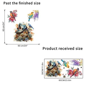 Watercolor bird and birdhouse wall stickers with layout and product size guide