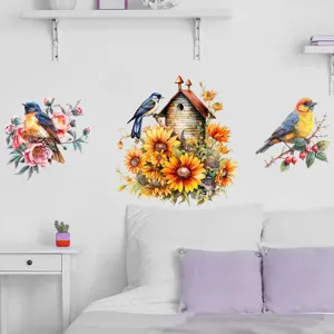 Adesivi murali artistici con uccelli e casetta con girasoli per decorare la camera