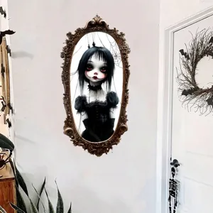 Gedetailleerd overzicht van de gotische poppenspiegel muursticker voor Halloween decor