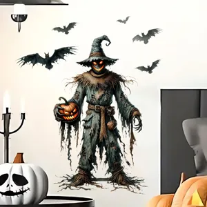 Gruseliger Halloween Vogelscheuche Wandaufkleber mit Fledermäusen und Kürbisdetail