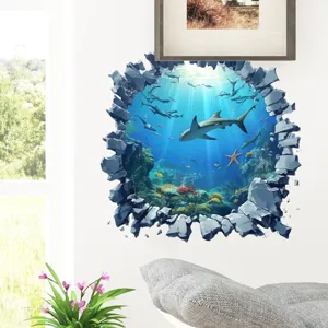 Realistischer 3D Hai Unterwasserwelt Wandaufkleber, wasserfestes abnehmbares Dekor