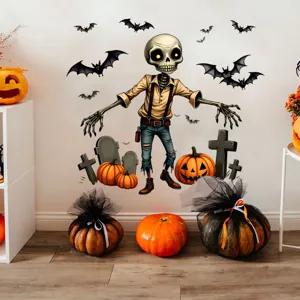 Spooky Halloween cartoon skeleton and pumpkin wall decals for festive window decoration