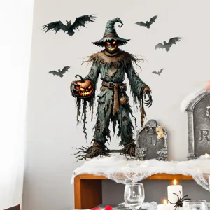 Gruseliges Halloween Vogelscheuche und Fledermäuse Wandtattoo für festliche Fensterdeko