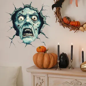 Detailed view of a scary 3D zombie wall decal breaking through a cracked wall for Halloween