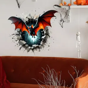 Detailed 3D Halloween wall decal showing a spooky bat bursting through a broken wall