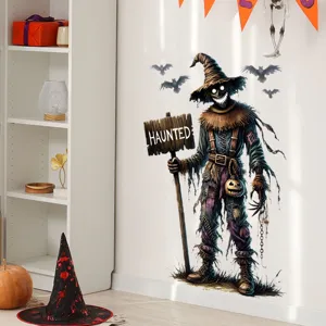 Detailansicht eines Halloween Vogelscheuche Wandaufklebers mit Fledermäusen und Schild