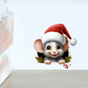 Adesivo murale 3D con topo di Natale che spunta da un buco per decorazioni festive
