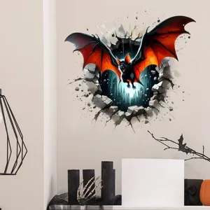 Close-up detail of 3D Halloween bat wall sticker showing a realistic broken wall effect