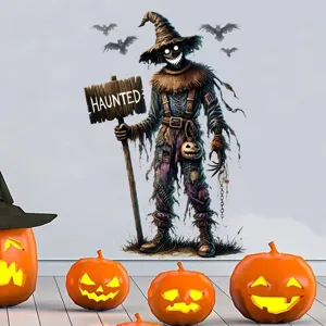 Detaillierte Ansicht des gruseligen Halloween Vogelscheuche Wandstickers mit Haunted-Schild