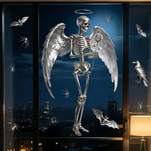 3D silver winged skeleton angel Halloween static window stickers with bats and spiders