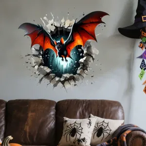 Detail view of 3D Halloween wall sticker featuring a fierce bat through a cracked wall.