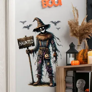Halloween Vogelscheuche und Fledermäuse Wandtattoo auf einer Wand mit herbstlicher Deko