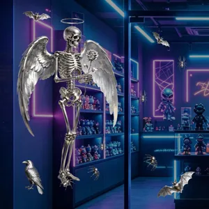 3D silver wings skeleton angel and bat spider Halloween static window sticker decorations