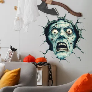 Close-up detail of a 3D scary zombie head wall sticker for Halloween decorations