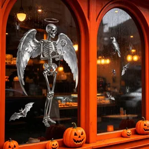 3D silver skeleton angel wings Halloween static window sticker for party decor