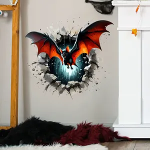 3D Halloween wall sticker showing a realistic bat flying through a cracked wall effect