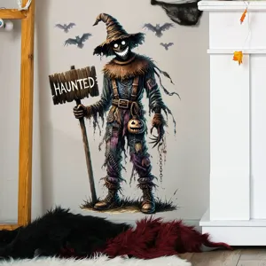 Detailansicht gruseliger Halloween Vogelscheuche Wandsticker mit Fledermäusen und Schild