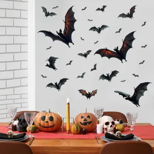 Halloween bat wall decals applied to a white wall in a festive dining room scene