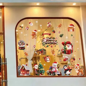 Festive Christmas static window stickers with 3D cartoon Santa and reindeer