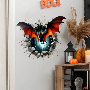 Decorative 3D Halloween wall sticker featuring a bat flying through a realistic broken wall