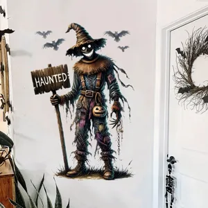 Halloween-Wandtattoo mit Vogelscheuche, Haunted-Schild und fliegenden Fledermäusen