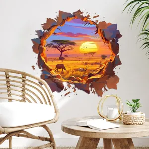 Realistischer 3D Wandaufkleber Afrikanische Savanne Sonnenuntergang für Wohnzimmer