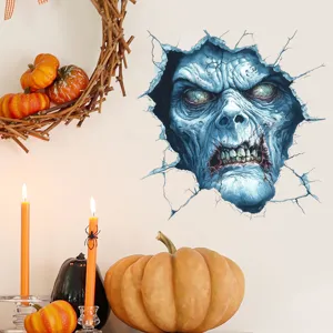 Scary 3D horror zombie wall decal breaking through wall for Halloween decoration