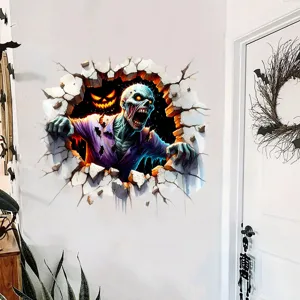 Realistic 3D Halloween wall decal featuring a zombie breaking through a white wall scene