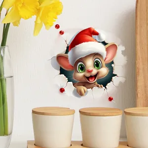 Adesivo murale 3D topo di Natale che sbuca dal muro, decorazione festiva carina