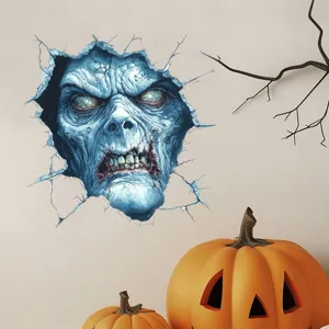 Realistic 3D scary zombie wall sticker breaking through a wall in a Halloween scene.
