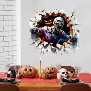 3D Halloween wall sticker featuring a zombie breaking through a wall in a dining room