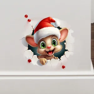 Dettaglio adesivo da parete 3D topo di Natale che sbuca da un effetto muro rotto