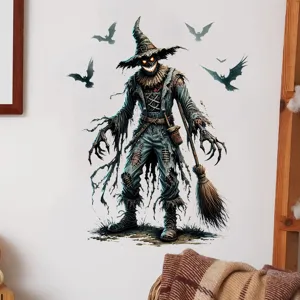 Detailansicht eines gruseligen Halloween-Vogelscheuche-Wandtattoos an einer weißen Innenwand im Haus