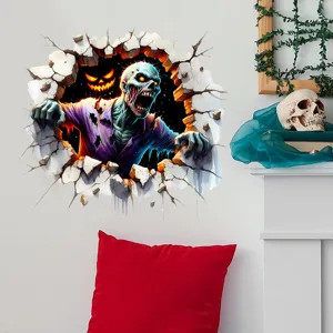 Realistic 3D Halloween wall decal depicting a scary zombie breaking through a cracked wall