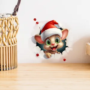 Dettaglio adesivo murale topo di Natale 3D che mostra un cartone animato nel muro