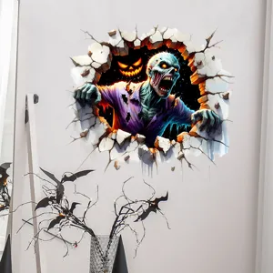 Detailed view of 3D Halloween zombie wall decal featuring realistic broken wall effect
