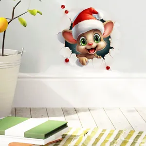 Adesivo murale natalizio 3D con un simpatico topo che indossa un cappello di Babbo Natale