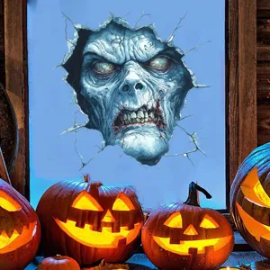 Detail of a scary zombie head wall-breaking window sticker for Halloween decor