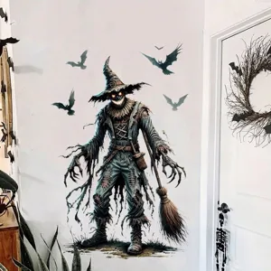 Detaillierte gruselige Halloween Vogelscheuche und Fledermäuse Wandtattoo auf weißer Innenwand