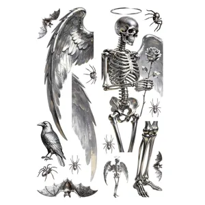 3D silver metallic skeleton holding a rose and angel wings Halloween window stickers