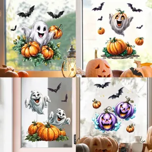 Stickers Fenêtre Halloween Citrouille Fantôme Imprimé Double Face PVC Autocollants Vitre Amovibles Décoration Automne Stickers Muraux pour Fenêtre Maison