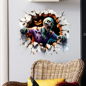 Close-up detail of 3D Halloween wall sticker featuring zombie and glowing pumpkin on room wall